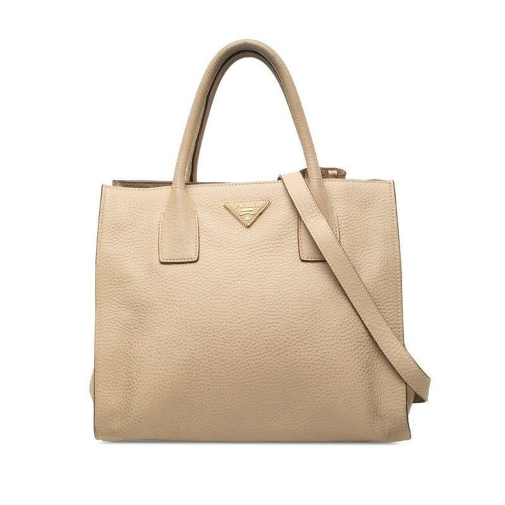 Prada Leather Triangle Logo Plate Handbag Beige